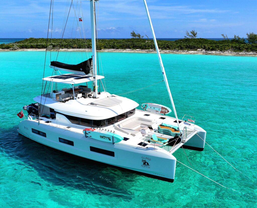Charter Catamaran ISLAND HOPPIN, accommodates 8 guests in 4 ensuite cabins. All Inclusive week charters in the BVI starting at $31,000. Captain and Chef
