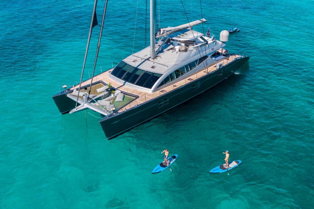 Charter Catamaran CARTOUCHE Accommodates 8 guests in 4 cabins. Luxury week charters in the Caribbean starting at $60,000 p/wk.