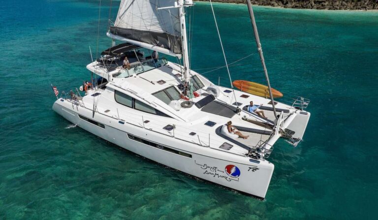 Charter Catamaran SWEET ANN MARIE accommodates 6 guests in 3 luxury ensuite cabins. BVI, private crewed yacht charter. Starting at $24,000 p/wk all inclusive.