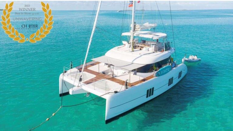 Charter Catamaran UNWAVERING Accommodates 6 guests in 3 cabins. All Inclusive week charters in the BVI starting at $32,000. Captain & Chef Onboard.