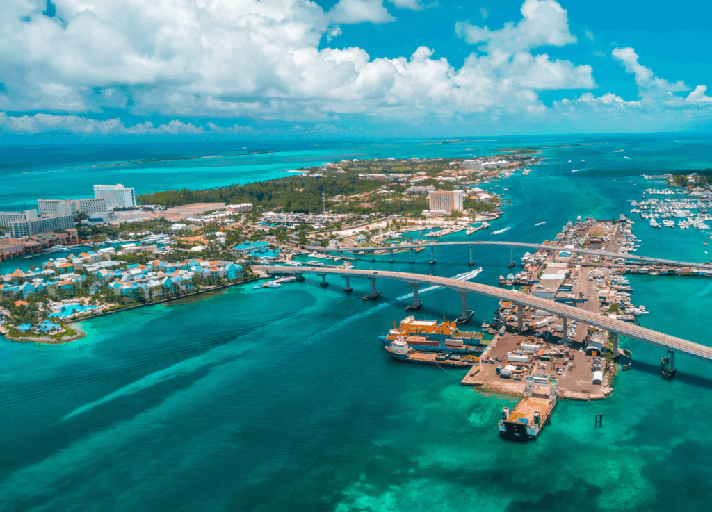 ariel view of nassau bahamas overlooking paradise island and the nearby marinas.